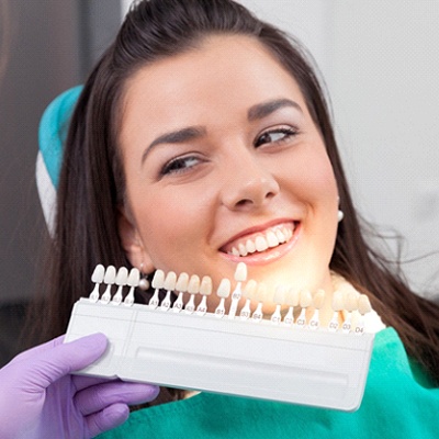 A dentist comparing veneer shades with a patient.