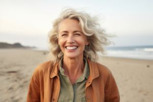 a woman smiling while visiting the beach during summer