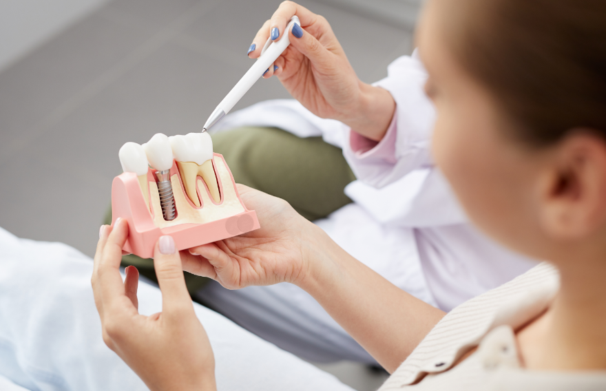 Dentist showing patient dental implant model